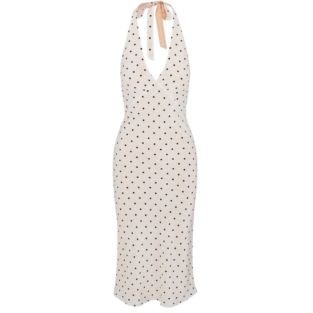 Realisation Sadie Silk Halter V Neck Midi Slip Dress Petite Spot Polka Dot White - Picture 15 of 16